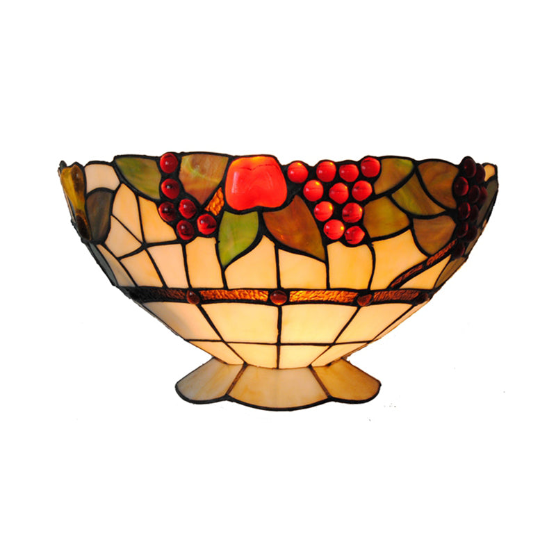 Art Deco Bowl Wall Lighting with Fruit Pattern Lodge Stained Glass 1 Bulb Wall Sconce Light Clearhalo 'Industrial' 'Middle century wall lights' 'Tiffany wall lights' 'Tiffany' 'Wall Lamps & Sconces' 'Wall Lights' Lighting' 181457