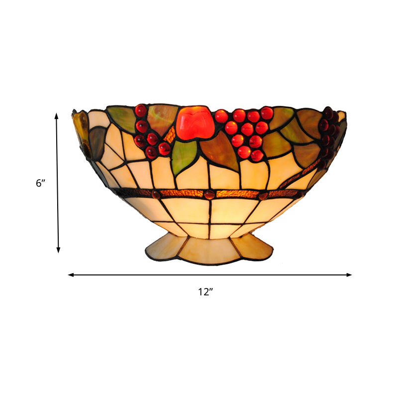 Art Deco Bowl Wall Lighting with Fruit Pattern Lodge Stained Glass 1 Bulb Wall Sconce Light Clearhalo 'Industrial' 'Middle century wall lights' 'Tiffany wall lights' 'Tiffany' 'Wall Lamps & Sconces' 'Wall Lights' Lighting' 181458