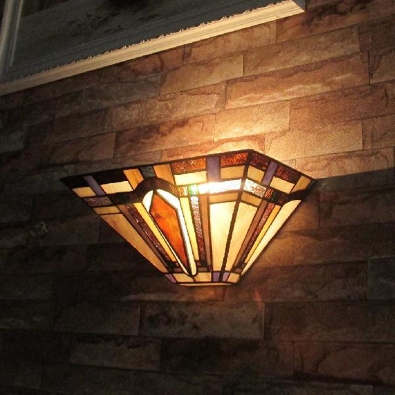 1 Light Geometric Wall Light Craftsman Stained Glass Wall Sconce Light in Brown for Restaurant Brown Clearhalo 'Industrial' 'Middle century wall lights' 'Tiffany wall lights' 'Tiffany' 'Wall Lamps & Sconces' 'Wall Lights' Lighting' 181459