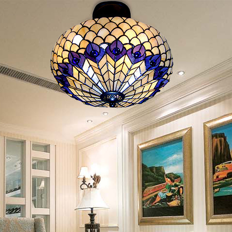 Peacock Pattern Semi Flush Light Vintage Stained Glass 3 Lights Ceiling Light for Bedroom Lighting Blue-White Clearhalo 'Ceiling Lights' 'Close To Ceiling Lights' 'Close to ceiling' 'Glass shade' 'Glass' 'Semi-flushmount' 'Tiffany close to ceiling' 'Tiffany' Lighting' 181514