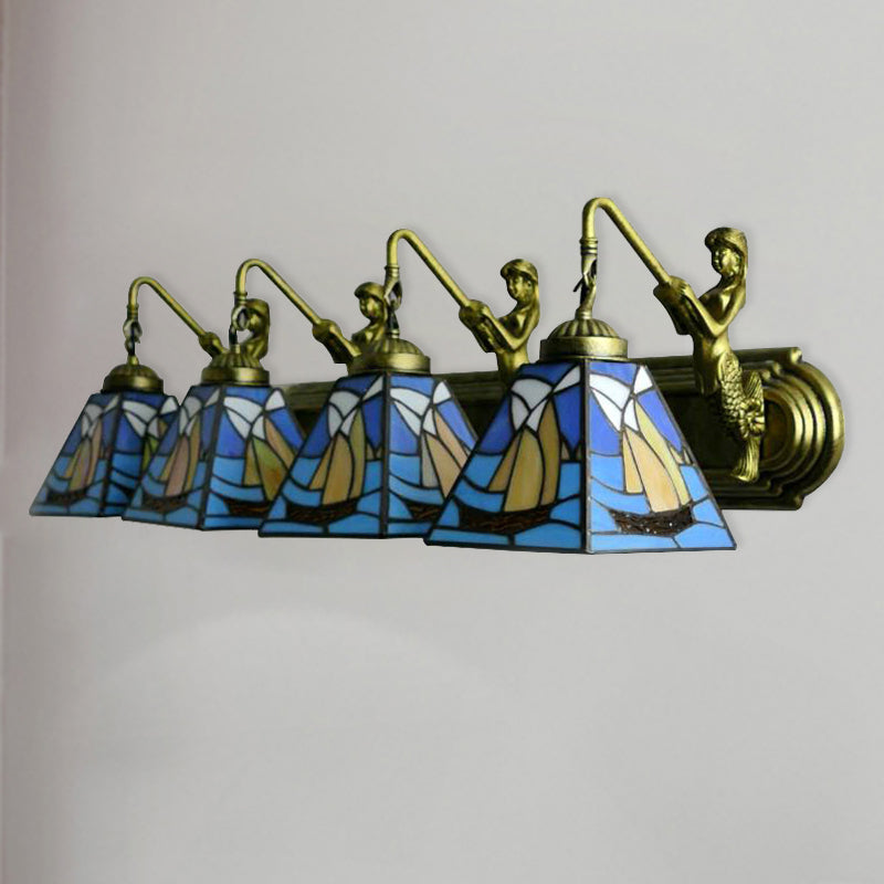 Stained Glass Blue Sconce Light Sailboat 4 Heads Mediterranean Wall Mount Light Fixture Clearhalo 'Industrial' 'Middle century wall lights' 'Tiffany wall lights' 'Tiffany' 'Wall Lamps & Sconces' 'Wall Lights' Lighting' 181557