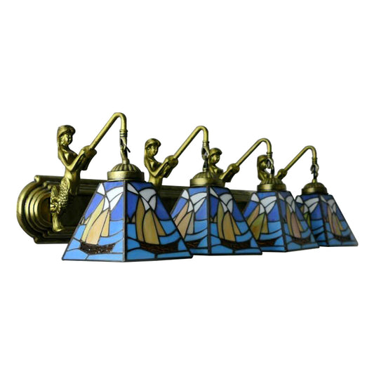 Stained Glass Blue Sconce Light Sailboat 4 Heads Mediterranean Wall Mount Light Fixture Clearhalo 'Industrial' 'Middle century wall lights' 'Tiffany wall lights' 'Tiffany' 'Wall Lamps & Sconces' 'Wall Lights' Lighting' 181558