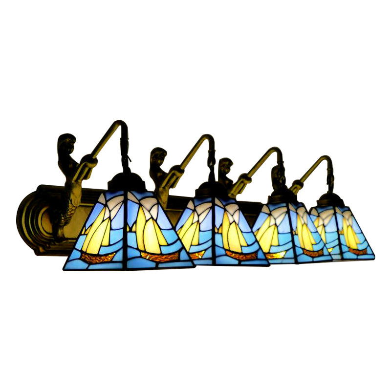 Stained Glass Blue Sconce Light Sailboat 4 Heads Mediterranean Wall Mount Light Fixture Clearhalo 'Industrial' 'Middle century wall lights' 'Tiffany wall lights' 'Tiffany' 'Wall Lamps & Sconces' 'Wall Lights' Lighting' 181559
