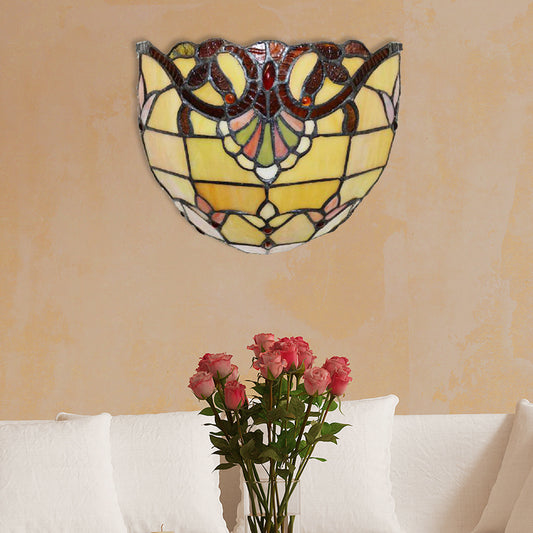 Victorian Wall Sconce Lighting with Bowl Shade Yellow Glass 1 Light Bedroom Wall Lamp Yellow Clearhalo 'Industrial' 'Middle century wall lights' 'Tiffany wall lights' 'Tiffany' 'Wall Lamps & Sconces' 'Wall Lights' Lighting' 181580