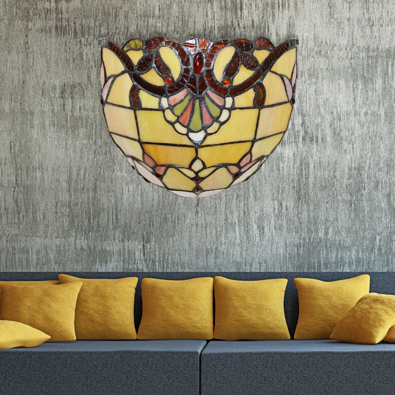 Victorian Wall Sconce Lighting with Bowl Shade Yellow Glass 1 Light Bedroom Wall Lamp Clearhalo 'Industrial' 'Middle century wall lights' 'Tiffany wall lights' 'Tiffany' 'Wall Lamps & Sconces' 'Wall Lights' Lighting' 181581