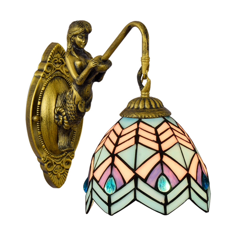 Peacock Tail Sconce Light Tiffany Multicolor Stained Glass 1 Head Antique Brass Wall Mount Light Clearhalo 'Industrial' 'Middle century wall lights' 'Tiffany wall lights' 'Tiffany' 'Wall Lamps & Sconces' 'Wall Lights' Lighting' 181607