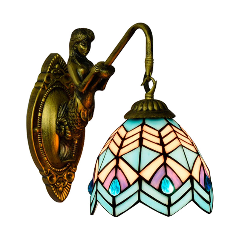 Peacock Tail Sconce Light Tiffany Multicolor Stained Glass 1 Head Antique Brass Wall Mount Light Clearhalo 'Industrial' 'Middle century wall lights' 'Tiffany wall lights' 'Tiffany' 'Wall Lamps & Sconces' 'Wall Lights' Lighting' 181608