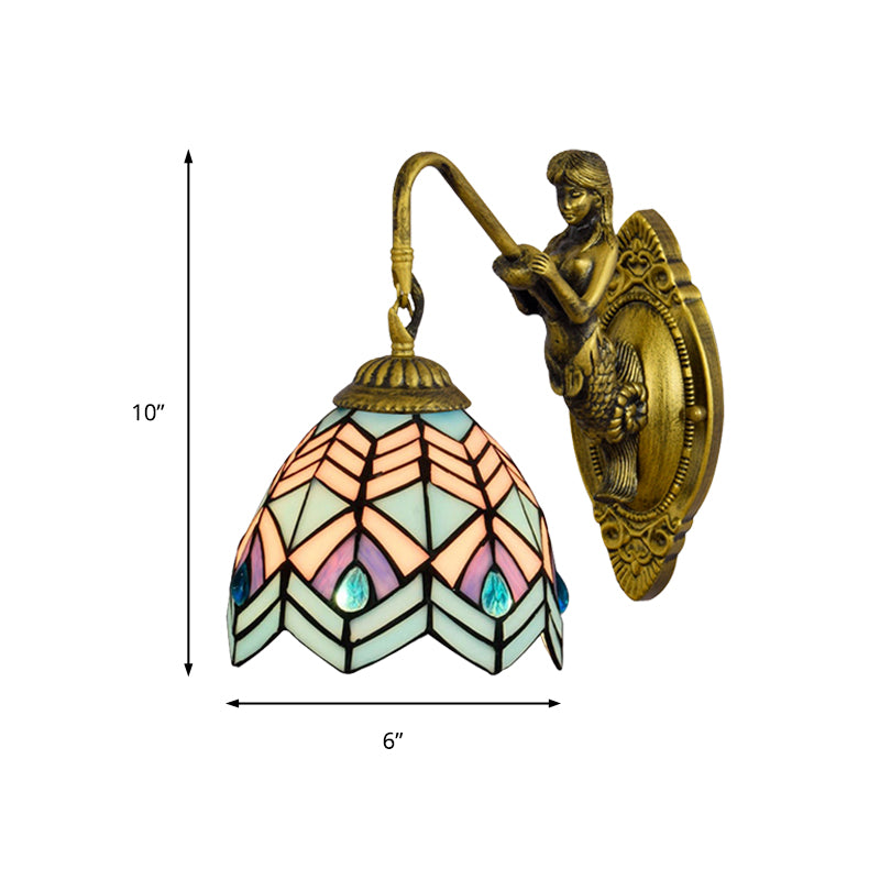 Peacock Tail Sconce Light Tiffany Multicolor Stained Glass 1 Head Antique Brass Wall Mount Light Clearhalo 'Industrial' 'Middle century wall lights' 'Tiffany wall lights' 'Tiffany' 'Wall Lamps & Sconces' 'Wall Lights' Lighting' 181609
