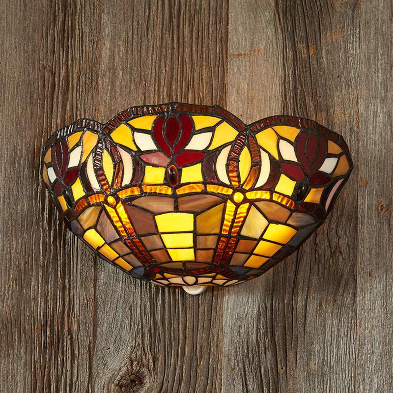 Art Glass Bowl Wall Lighting Rustic Tiffany 1 Light Wall Sconce Lamp in Red Brown for Corridor Clearhalo 'Industrial' 'Middle century wall lights' 'Tiffany wall lights' 'Tiffany' 'Wall Lamps & Sconces' 'Wall Lights' Lighting' 181611