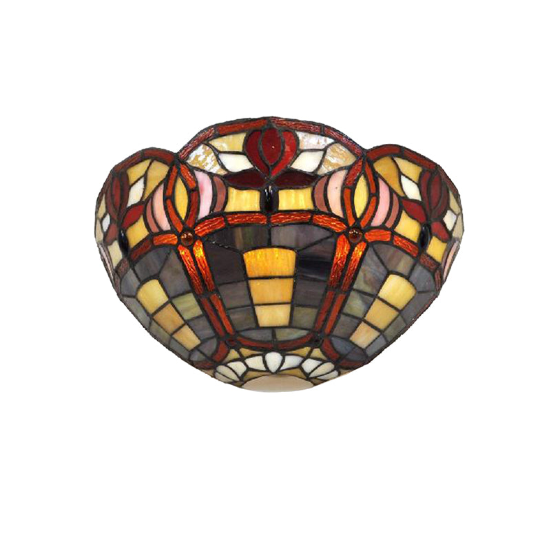 Art Glass Bowl Wall Lighting Rustic Tiffany 1 Light Wall Sconce Lamp in Red Brown for Corridor Clearhalo 'Industrial' 'Middle century wall lights' 'Tiffany wall lights' 'Tiffany' 'Wall Lamps & Sconces' 'Wall Lights' Lighting' 181612