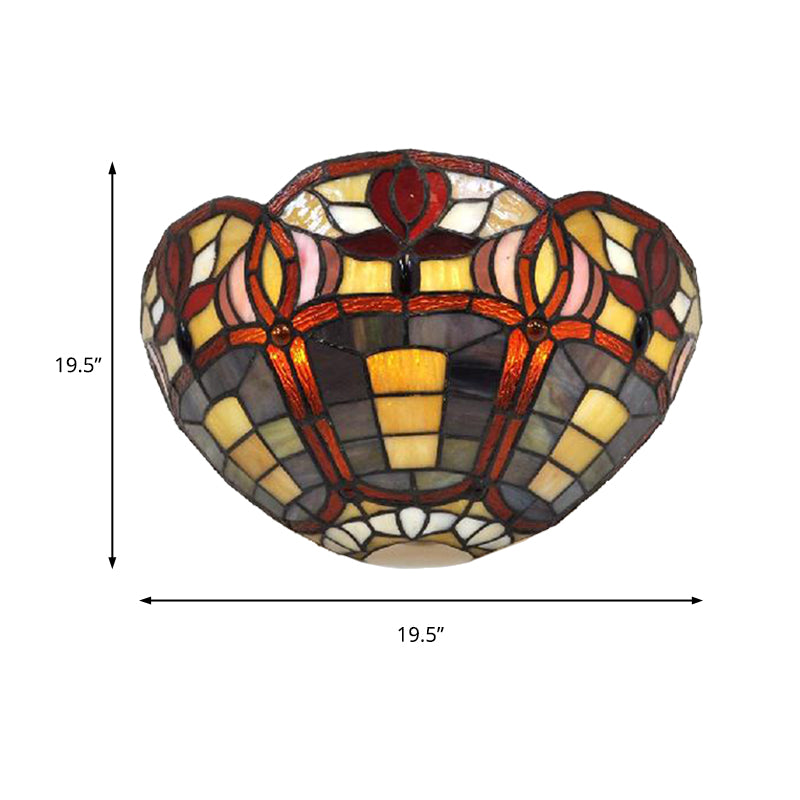 Art Glass Bowl Wall Lighting Rustic Tiffany 1 Light Wall Sconce Lamp in Red Brown for Corridor Clearhalo 'Industrial' 'Middle century wall lights' 'Tiffany wall lights' 'Tiffany' 'Wall Lamps & Sconces' 'Wall Lights' Lighting' 181613