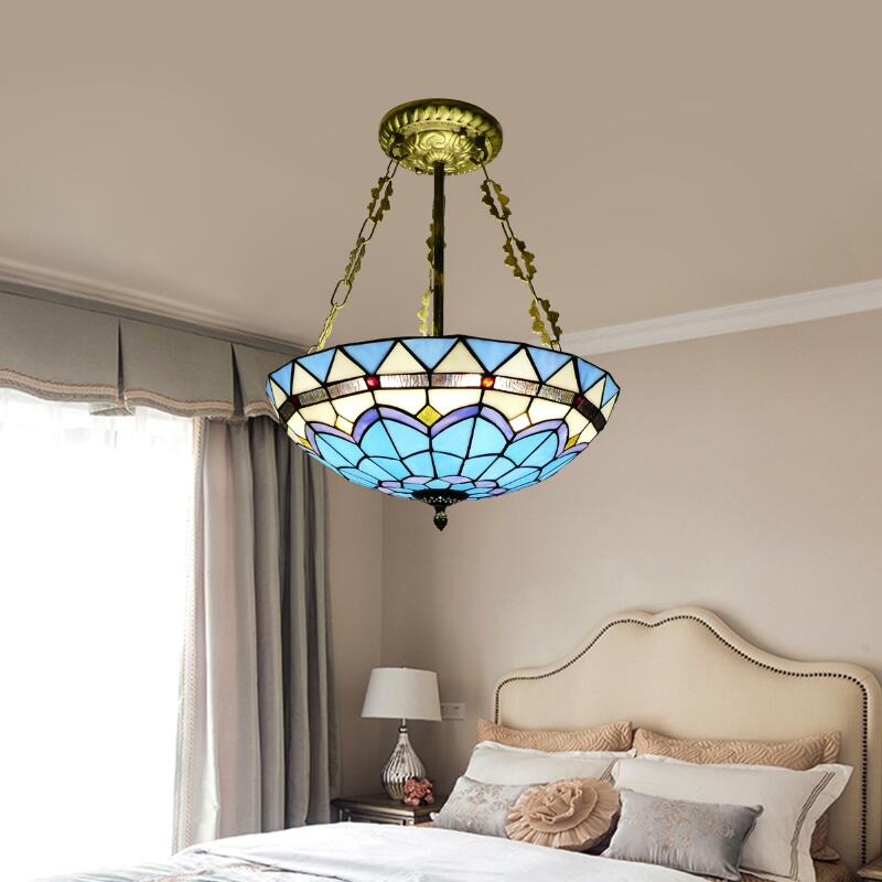 Blue Bowl Ceiling Fixture Retro Style Stained Glass Semi Flush Ceiling Fixture for Coffee Shop Blue Clearhalo 'Ceiling Lights' 'Close To Ceiling Lights' 'Close to ceiling' 'Glass shade' 'Glass' 'Pendant Lights' 'Semi-flushmount' 'Tiffany close to ceiling' 'Tiffany' Lighting' 181638