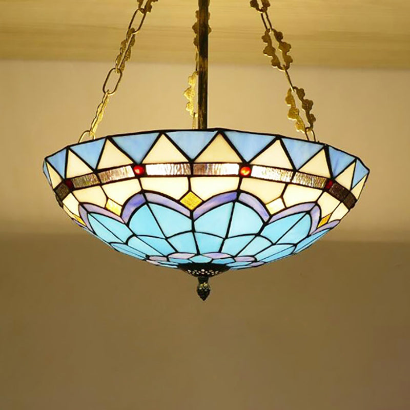 Blue Bowl Ceiling Fixture Retro Style Stained Glass Semi Flush Ceiling Fixture for Coffee Shop Clearhalo 'Ceiling Lights' 'Close To Ceiling Lights' 'Close to ceiling' 'Glass shade' 'Glass' 'Pendant Lights' 'Semi-flushmount' 'Tiffany close to ceiling' 'Tiffany' Lighting' 181639