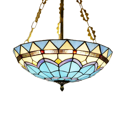 Blue Bowl Ceiling Fixture Retro Style Stained Glass Semi Flush Ceiling Fixture for Coffee Shop Clearhalo 'Ceiling Lights' 'Close To Ceiling Lights' 'Close to ceiling' 'Glass shade' 'Glass' 'Pendant Lights' 'Semi-flushmount' 'Tiffany close to ceiling' 'Tiffany' Lighting' 181640