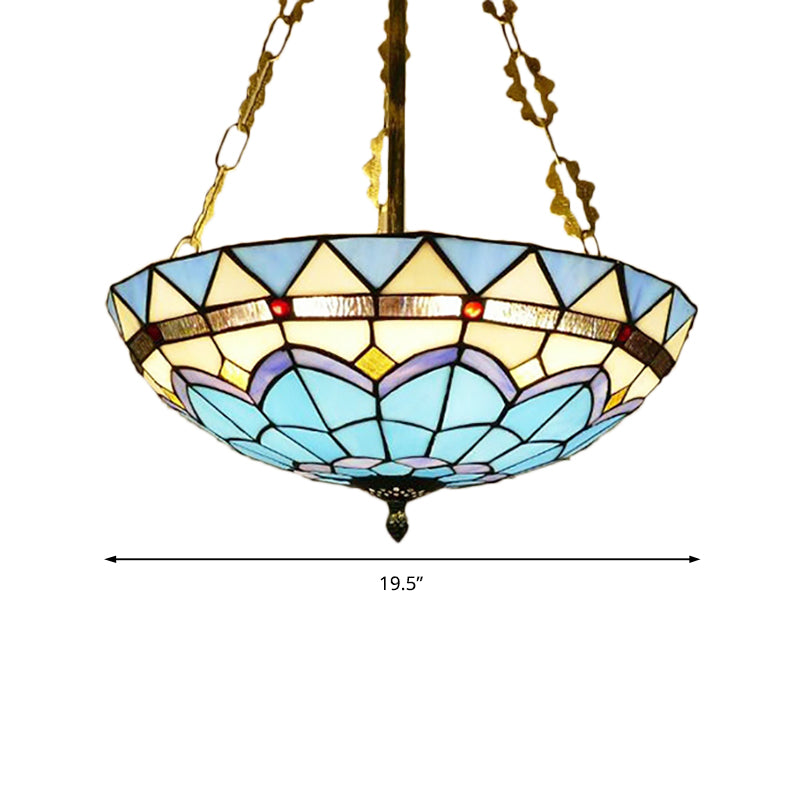 Blue Bowl Ceiling Fixture Retro Style Stained Glass Semi Flush Ceiling Fixture for Coffee Shop Clearhalo 'Ceiling Lights' 'Close To Ceiling Lights' 'Close to ceiling' 'Glass shade' 'Glass' 'Pendant Lights' 'Semi-flushmount' 'Tiffany close to ceiling' 'Tiffany' Lighting' 181642