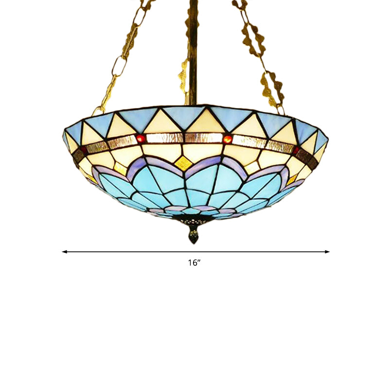 Blue Bowl Ceiling Fixture Retro Style Stained Glass Semi Flush Ceiling Fixture for Coffee Shop Clearhalo 'Ceiling Lights' 'Close To Ceiling Lights' 'Close to ceiling' 'Glass shade' 'Glass' 'Pendant Lights' 'Semi-flushmount' 'Tiffany close to ceiling' 'Tiffany' Lighting' 181643