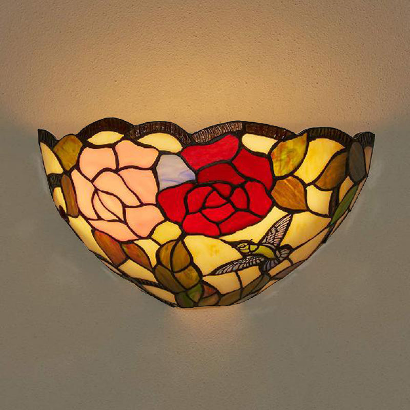 Rose Pattern Wall Mount Light with Bowl Shade 1 Light Stained Glass Lodge Tiffany Wall Lamp Red Clearhalo 'Industrial' 'Middle century wall lights' 'Tiffany wall lights' 'Tiffany' 'Wall Lamps & Sconces' 'Wall Lights' Lighting' 181650