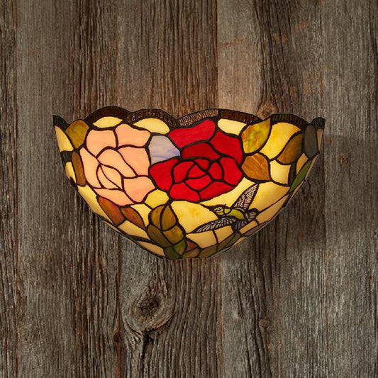 Rose Pattern Wall Mount Light with Bowl Shade 1 Light Stained Glass Lodge Tiffany Wall Lamp Clearhalo 'Industrial' 'Middle century wall lights' 'Tiffany wall lights' 'Tiffany' 'Wall Lamps & Sconces' 'Wall Lights' Lighting' 181651