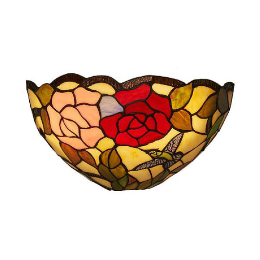 Rose Pattern Wall Mount Light with Bowl Shade 1 Light Stained Glass Lodge Tiffany Wall Lamp Clearhalo 'Industrial' 'Middle century wall lights' 'Tiffany wall lights' 'Tiffany' 'Wall Lamps & Sconces' 'Wall Lights' Lighting' 181652