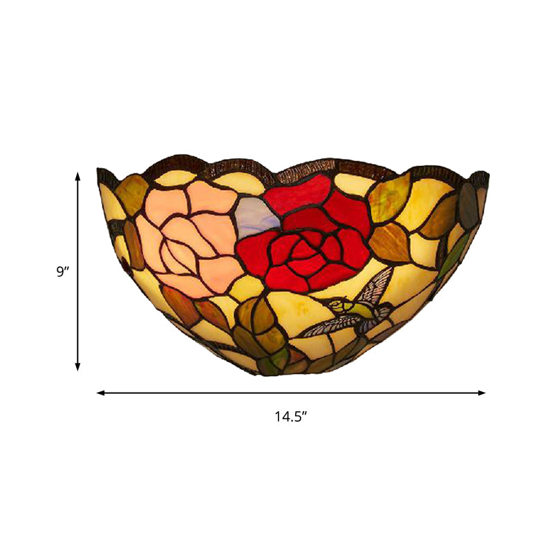 Rose Pattern Wall Mount Light with Bowl Shade 1 Light Stained Glass Lodge Tiffany Wall Lamp Clearhalo 'Industrial' 'Middle century wall lights' 'Tiffany wall lights' 'Tiffany' 'Wall Lamps & Sconces' 'Wall Lights' Lighting' 181653