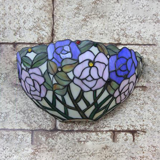 Flowers Wall Mount Light Tiffany Lodge Stained Glass 1 Light Outdoor Wall Sconce in Blue and Pink