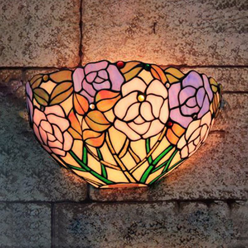 Flowers Wall Mount Light Tiffany Lodge Stained Glass 1 Light Outdoor Wall Sconce in Blue and Pink Clearhalo 'Industrial' 'Middle century wall lights' 'Tiffany wall lights' 'Tiffany' 'Wall Lamps & Sconces' 'Wall Lights' Lighting' 181698