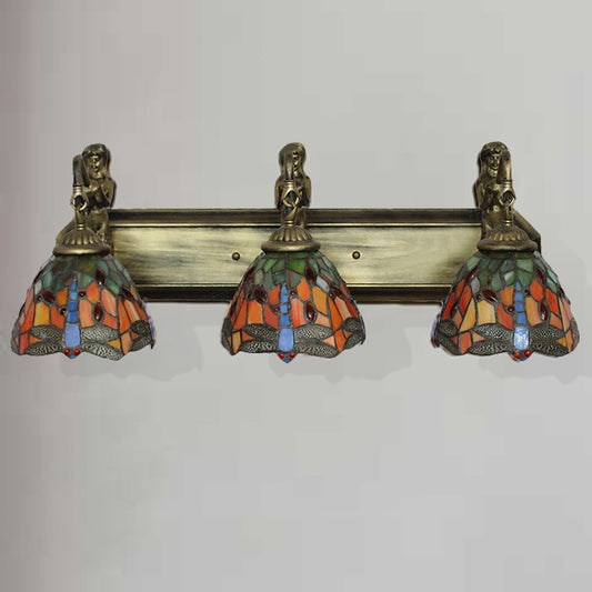 3 Heads Dragonfly Wall Light Fixture Baroque Orange/Blue Stained Glass Sconce Lighting Orange Clearhalo 'Industrial' 'Middle century wall lights' 'Tiffany wall lights' 'Tiffany' 'Wall Lamps & Sconces' 'Wall Lights' Lighting' 181716