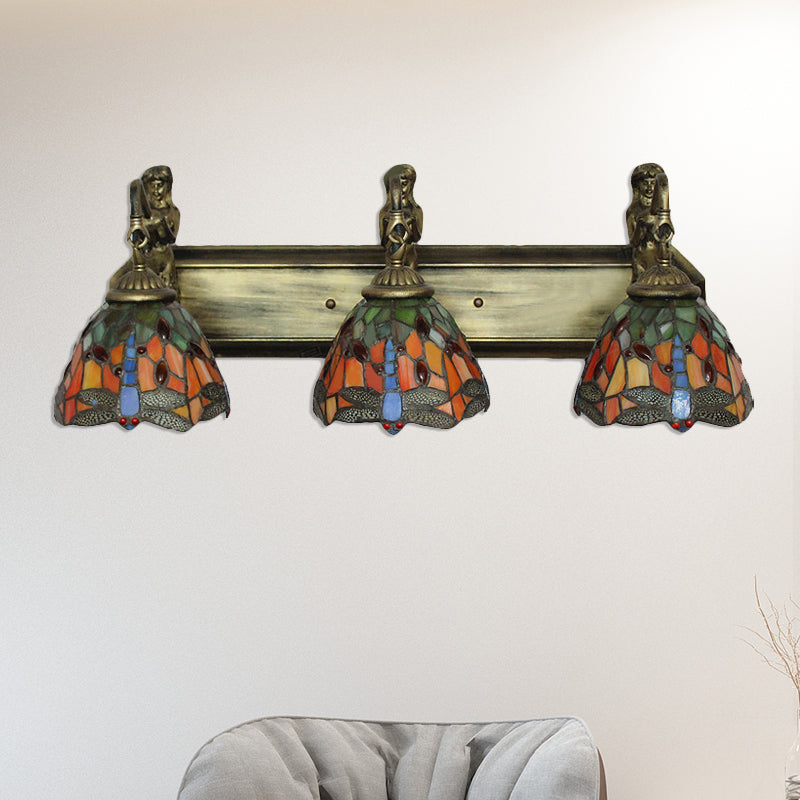 3 Heads Dragonfly Wall Light Fixture Baroque Orange/Blue Stained Glass Sconce Lighting Clearhalo 'Industrial' 'Middle century wall lights' 'Tiffany wall lights' 'Tiffany' 'Wall Lamps & Sconces' 'Wall Lights' Lighting' 181717
