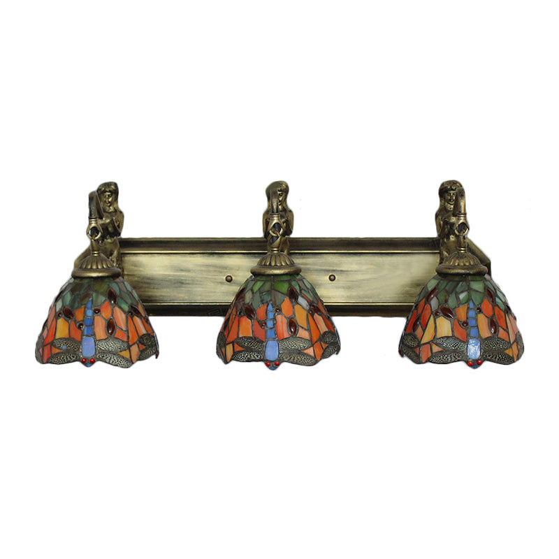 3 Heads Dragonfly Wall Light Fixture Baroque Orange/Blue Stained Glass Sconce Lighting Clearhalo 'Industrial' 'Middle century wall lights' 'Tiffany wall lights' 'Tiffany' 'Wall Lamps & Sconces' 'Wall Lights' Lighting' 181718