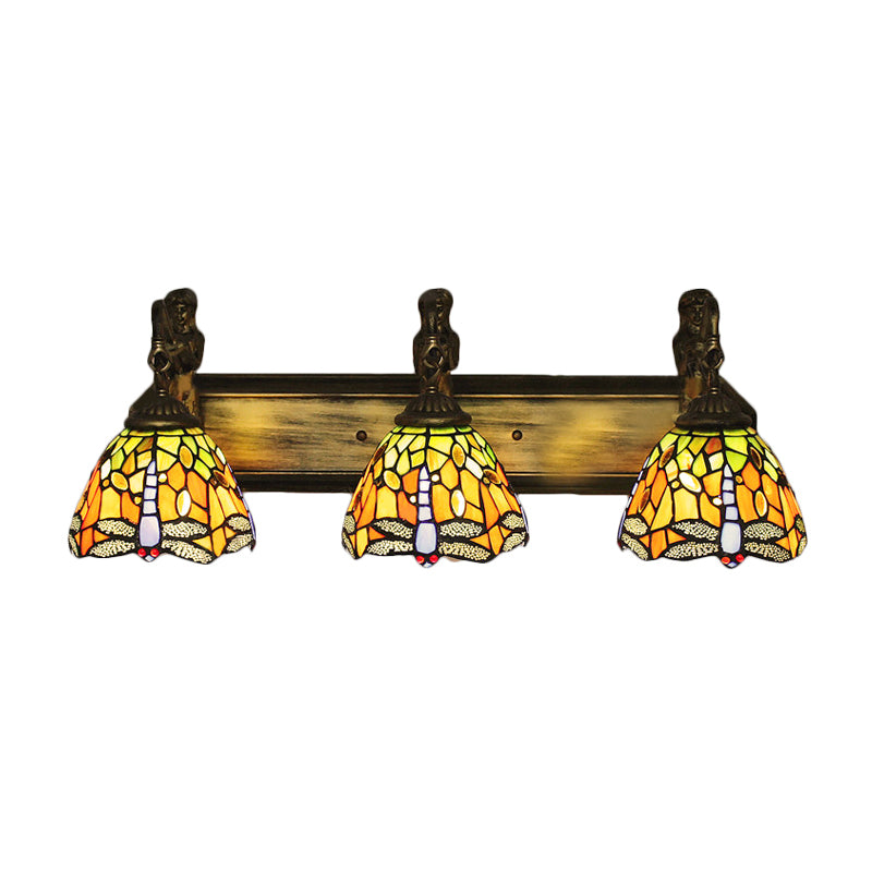 3 Heads Dragonfly Wall Light Fixture Baroque Orange/Blue Stained Glass Sconce Lighting Clearhalo 'Industrial' 'Middle century wall lights' 'Tiffany wall lights' 'Tiffany' 'Wall Lamps & Sconces' 'Wall Lights' Lighting' 181719