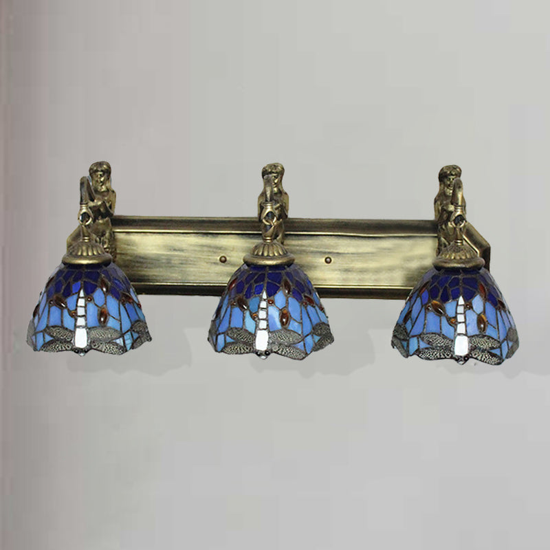 3 Heads Dragonfly Wall Light Fixture Baroque Orange/Blue Stained Glass Sconce Lighting Blue Clearhalo 'Industrial' 'Middle century wall lights' 'Tiffany wall lights' 'Tiffany' 'Wall Lamps & Sconces' 'Wall Lights' Lighting' 181720