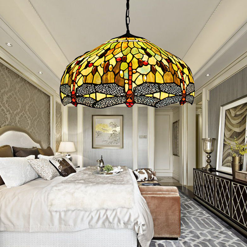 Domed Pendant Light Tiffany-Style 2 Bulbs Yellow Stained Glass Suspended Lighting Fixture with Dragonfly Pattern, 20.5"/21.5" Wide Yellow 20.5" Clearhalo 'Ceiling Lights' 'Chandeliers' 'Industrial' 'Middle Century Pendants' 'Pendant Lights' 'Pendants' 'Tiffany close to ceiling' 'Tiffany Pendants' 'Tiffany' Lighting' 181756