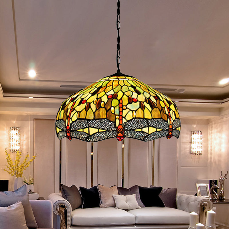 Domed Pendant Light Tiffany-Style 2 Bulbs Yellow Stained Glass Suspended Lighting Fixture with Dragonfly Pattern, 20.5"/21.5" Wide Clearhalo 'Ceiling Lights' 'Chandeliers' 'Industrial' 'Middle Century Pendants' 'Pendant Lights' 'Pendants' 'Tiffany close to ceiling' 'Tiffany Pendants' 'Tiffany' Lighting' 181757