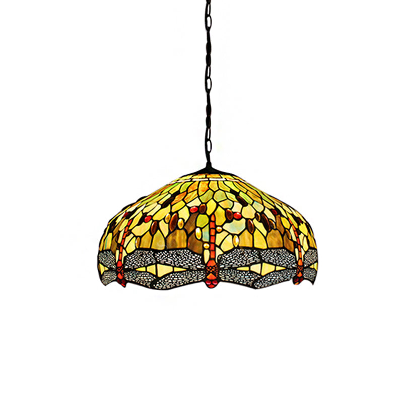 Domed Pendant Light Tiffany-Style 2 Bulbs Yellow Stained Glass Suspended Lighting Fixture with Dragonfly Pattern, 20.5"/21.5" Wide Clearhalo 'Ceiling Lights' 'Chandeliers' 'Industrial' 'Middle Century Pendants' 'Pendant Lights' 'Pendants' 'Tiffany close to ceiling' 'Tiffany Pendants' 'Tiffany' Lighting' 181758