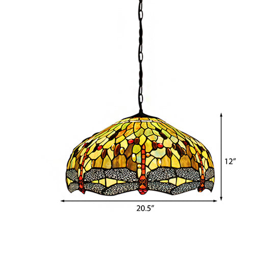 Domed Pendant Light Tiffany-Style 2 Bulbs Yellow Stained Glass Suspended Lighting Fixture with Dragonfly Pattern, 20.5"/21.5" Wide Clearhalo 'Ceiling Lights' 'Chandeliers' 'Industrial' 'Middle Century Pendants' 'Pendant Lights' 'Pendants' 'Tiffany close to ceiling' 'Tiffany Pendants' 'Tiffany' Lighting' 181759