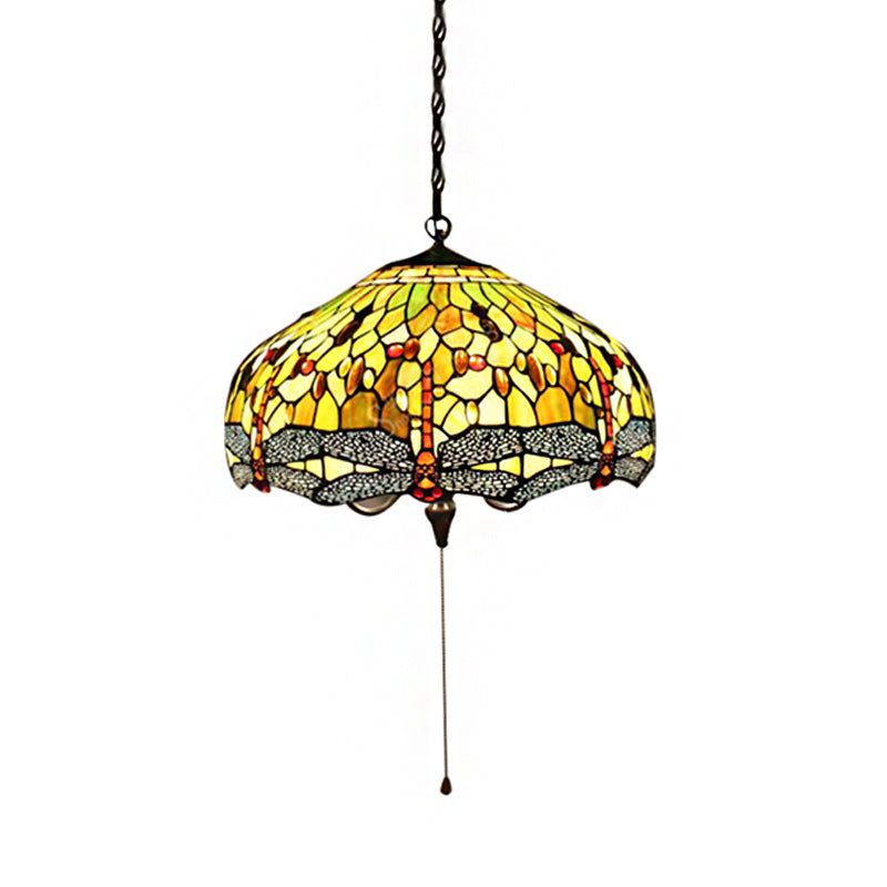 Domed Pendant Light Tiffany-Style 2 Bulbs Yellow Stained Glass Suspended Lighting Fixture with Dragonfly Pattern, 20.5"/21.5" Wide Clearhalo 'Ceiling Lights' 'Chandeliers' 'Industrial' 'Middle Century Pendants' 'Pendant Lights' 'Pendants' 'Tiffany close to ceiling' 'Tiffany Pendants' 'Tiffany' Lighting' 181761