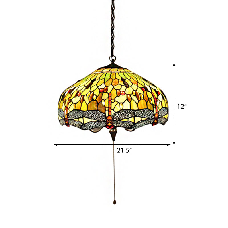Domed Pendant Light Tiffany-Style 2 Bulbs Yellow Stained Glass Suspended Lighting Fixture with Dragonfly Pattern, 20.5"/21.5" Wide Clearhalo 'Ceiling Lights' 'Chandeliers' 'Industrial' 'Middle Century Pendants' 'Pendant Lights' 'Pendants' 'Tiffany close to ceiling' 'Tiffany Pendants' 'Tiffany' Lighting' 181762