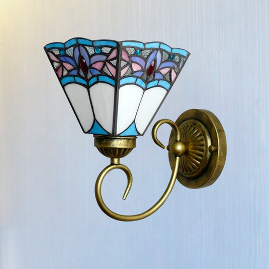 1 Head Wall Light Fixture Tiffany Cone Purple-Blue Glass Sconce Light Fixture with Scrolling Arm Purplish Blue Clearhalo 'Industrial' 'Middle century wall lights' 'Tiffany wall lights' 'Tiffany' 'Wall Lamps & Sconces' 'Wall Lights' Lighting' 181763