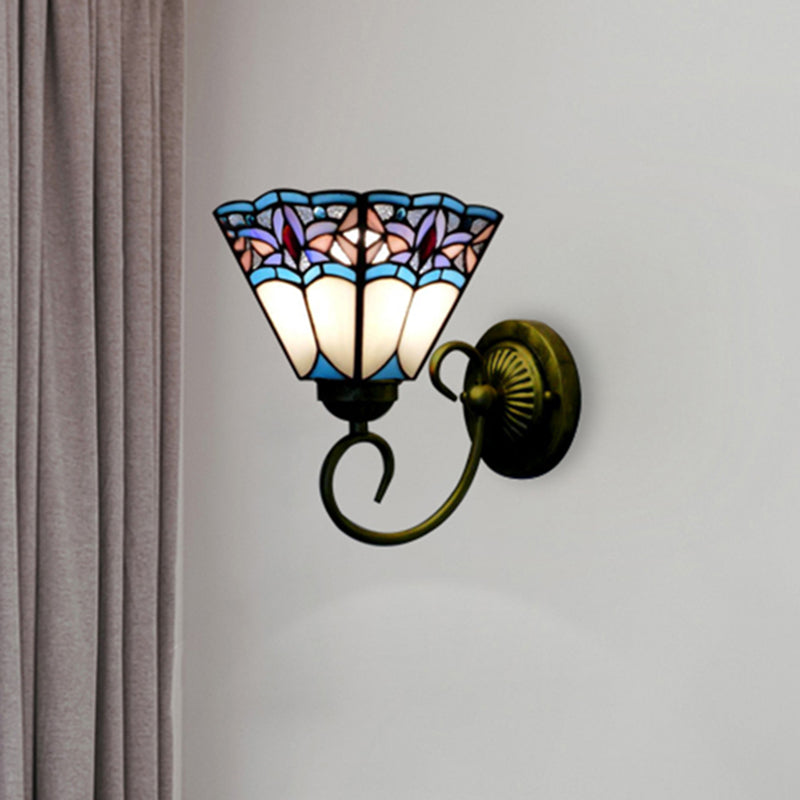 1 Head Wall Light Fixture Tiffany Cone Purple-Blue Glass Sconce Light Fixture with Scrolling Arm Clearhalo 'Industrial' 'Middle century wall lights' 'Tiffany wall lights' 'Tiffany' 'Wall Lamps & Sconces' 'Wall Lights' Lighting' 181764