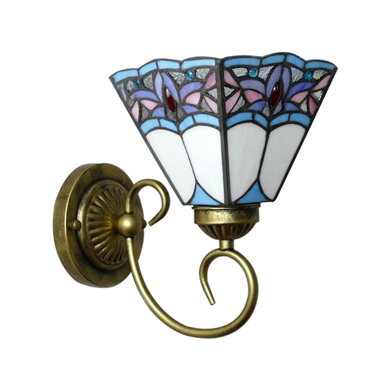 1 Head Wall Light Fixture Tiffany Cone Purple-Blue Glass Sconce Light Fixture with Scrolling Arm Clearhalo 'Industrial' 'Middle century wall lights' 'Tiffany wall lights' 'Tiffany' 'Wall Lamps & Sconces' 'Wall Lights' Lighting' 181765