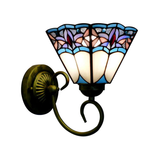 1 Head Wall Light Fixture Tiffany Cone Purple-Blue Glass Sconce Light Fixture with Scrolling Arm Clearhalo 'Industrial' 'Middle century wall lights' 'Tiffany wall lights' 'Tiffany' 'Wall Lamps & Sconces' 'Wall Lights' Lighting' 181766