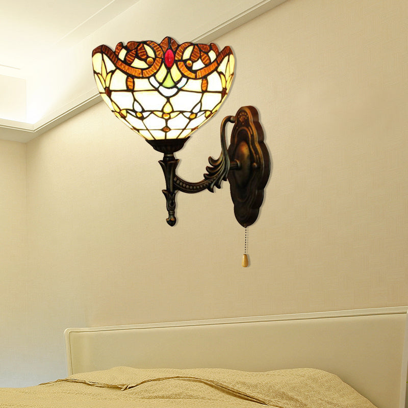 Stained Glass Bowl Wall Light with Pull Chain 1 Light Victorian Wall Sconce Lighting for Bedroom Beige Clearhalo 'Industrial' 'Middle century wall lights' 'Tiffany wall lights' 'Tiffany' 'Wall Lamps & Sconces' 'Wall Lights' Lighting' 181768