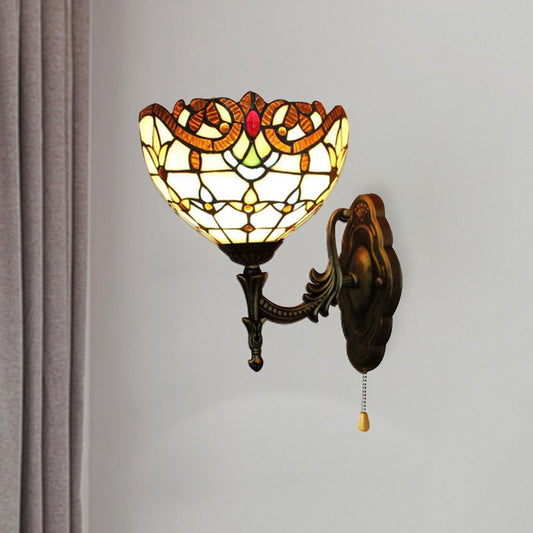 Stained Glass Bowl Wall Light with Pull Chain 1 Light Victorian Wall Sconce Lighting for Bedroom Clearhalo 'Industrial' 'Middle century wall lights' 'Tiffany wall lights' 'Tiffany' 'Wall Lamps & Sconces' 'Wall Lights' Lighting' 181769