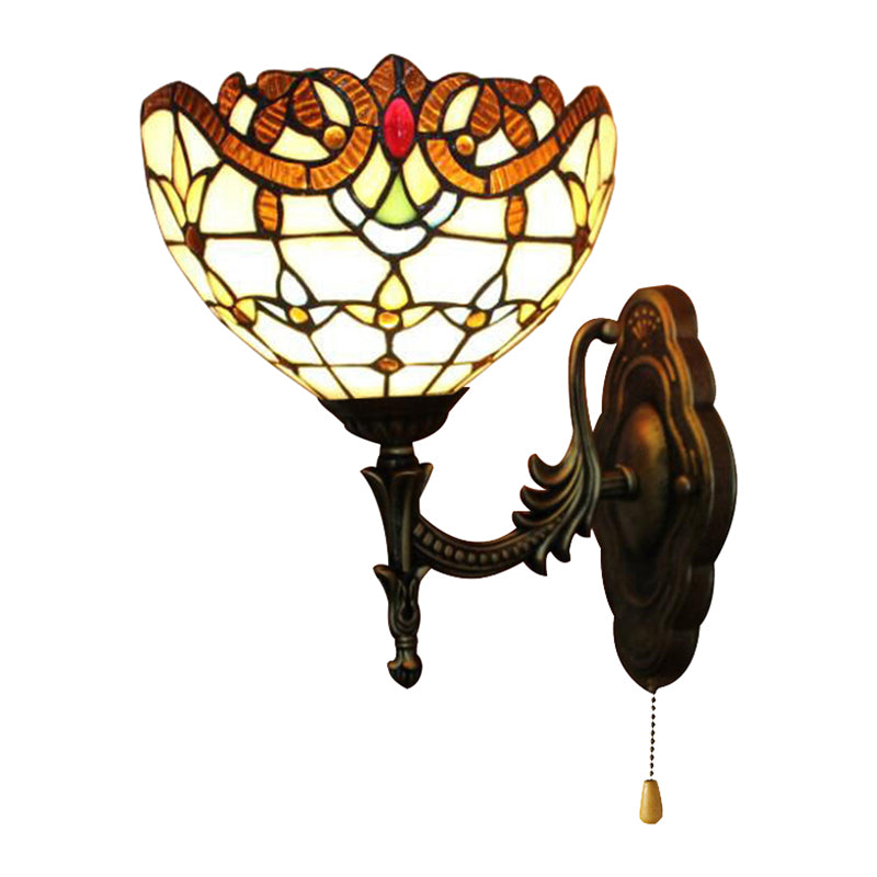 Stained Glass Bowl Wall Light with Pull Chain 1 Light Victorian Wall Sconce Lighting for Bedroom Clearhalo 'Industrial' 'Middle century wall lights' 'Tiffany wall lights' 'Tiffany' 'Wall Lamps & Sconces' 'Wall Lights' Lighting' 181770