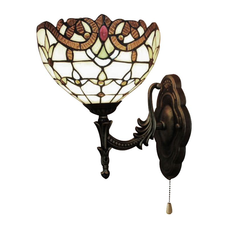 Stained Glass Bowl Wall Light with Pull Chain 1 Light Victorian Wall Sconce Lighting for Bedroom Clearhalo 'Industrial' 'Middle century wall lights' 'Tiffany wall lights' 'Tiffany' 'Wall Lamps & Sconces' 'Wall Lights' Lighting' 181771