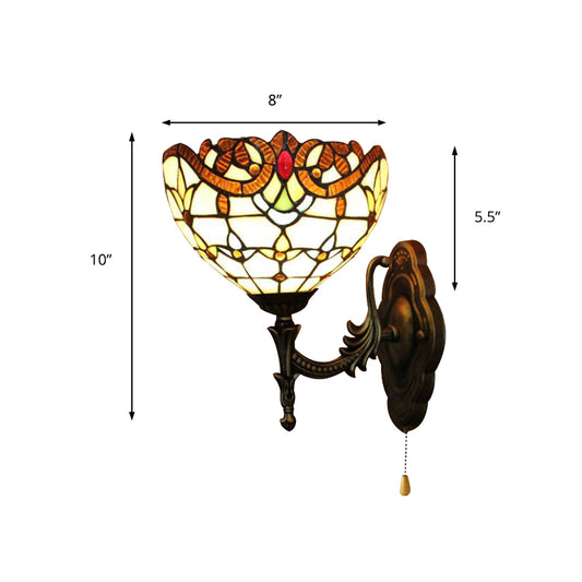 Stained Glass Bowl Wall Light with Pull Chain 1 Light Victorian Wall Sconce Lighting for Bedroom Clearhalo 'Industrial' 'Middle century wall lights' 'Tiffany wall lights' 'Tiffany' 'Wall Lamps & Sconces' 'Wall Lights' Lighting' 181772