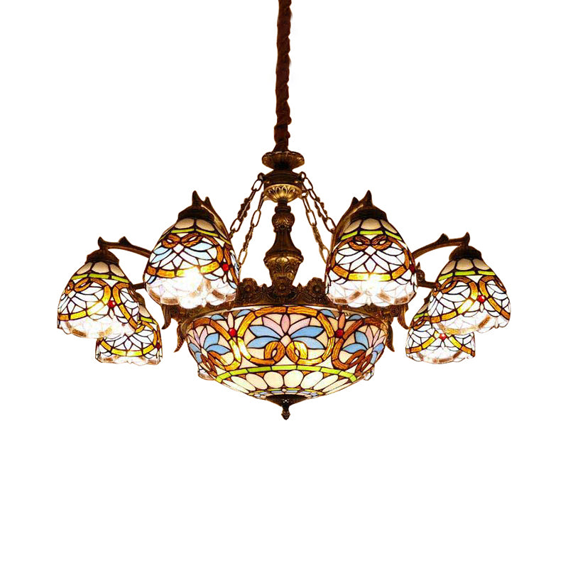 Bowl Hanging Pendant Tiffany Stained Glass Ceiling Pendant with Flower Decoration with Cord Clearhalo 'Ceiling Lights' 'Chandeliers' 'Industrial' 'Middle Century Chandeliers' 'Tiffany Chandeliers' 'Tiffany close to ceiling' 'Tiffany' Lighting' 181775