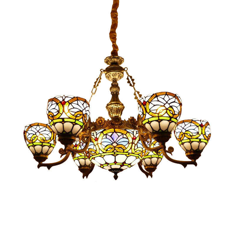 Bowl Hanging Pendant Tiffany Stained Glass Ceiling Pendant with Flower Decoration with Cord 7 Yellow Clearhalo 'Ceiling Lights' 'Chandeliers' 'Industrial' 'Middle Century Chandeliers' 'Tiffany Chandeliers' 'Tiffany close to ceiling' 'Tiffany' Lighting' 181778