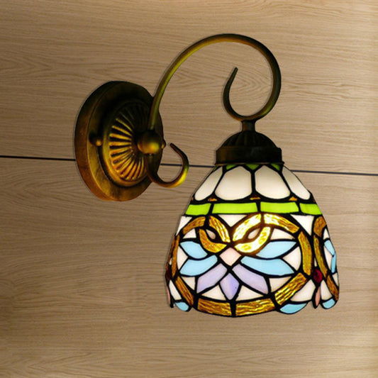 Dome Wall Light Fixture Victorian 1 Head Stained Glass Wall Sconce Lighting in Antique Brass for Bedroom Antique Brass 6" Clearhalo 'Industrial' 'Middle century wall lights' 'Tiffany wall lights' 'Tiffany' 'Wall Lamps & Sconces' 'Wall Lights' Lighting' 181812