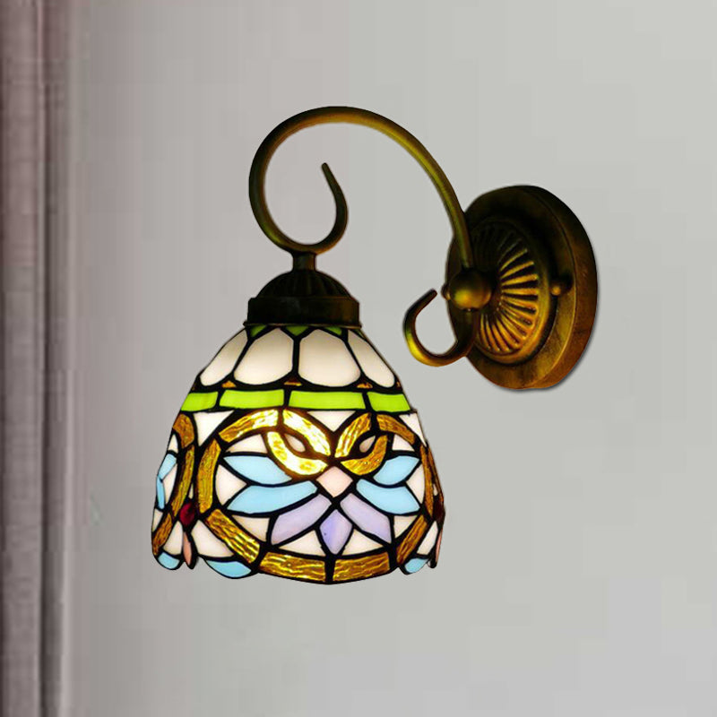 Dome Wall Light Fixture Victorian 1 Head Stained Glass Wall Sconce Lighting in Antique Brass for Bedroom Clearhalo 'Industrial' 'Middle century wall lights' 'Tiffany wall lights' 'Tiffany' 'Wall Lamps & Sconces' 'Wall Lights' Lighting' 181813